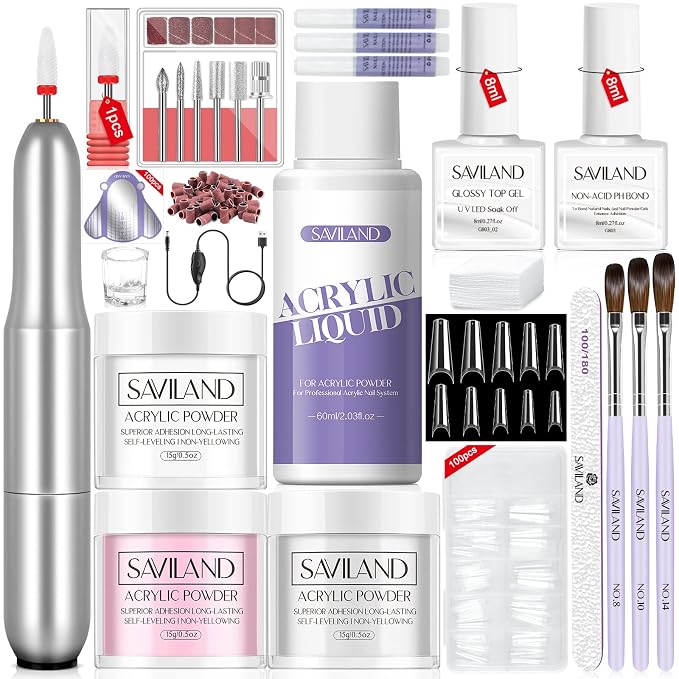 SAVILAND Acrylic Nail Kit with Drill: 15g White Pink Clear Acrylic Powder and Liquid Set with False Tips Nail Forms Brushes Primer Top Gel Manicure Tools Kit with Everything for Beginners Home DIY | Acrylic Nail Powder and Liquid, False Tips Forms Brus...
