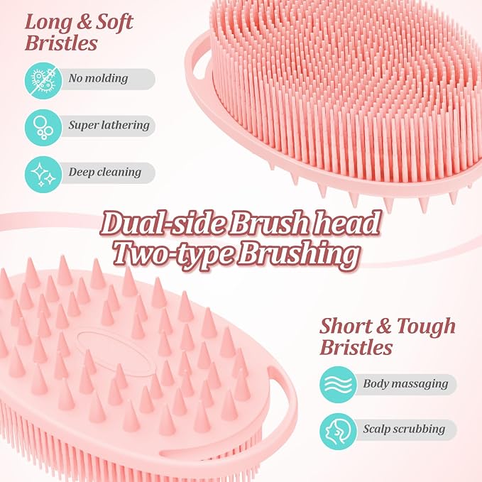 Silicone Back/Body/Face Scrubber & Scalp Massager Set 5PCS, 13.4'' Soft Back Scrubber, 360° Anti-Slip Bath Glove, Unique Side-bristled Face Scrubber, Shampoo Brush for All-Round Cleaning(Pink)