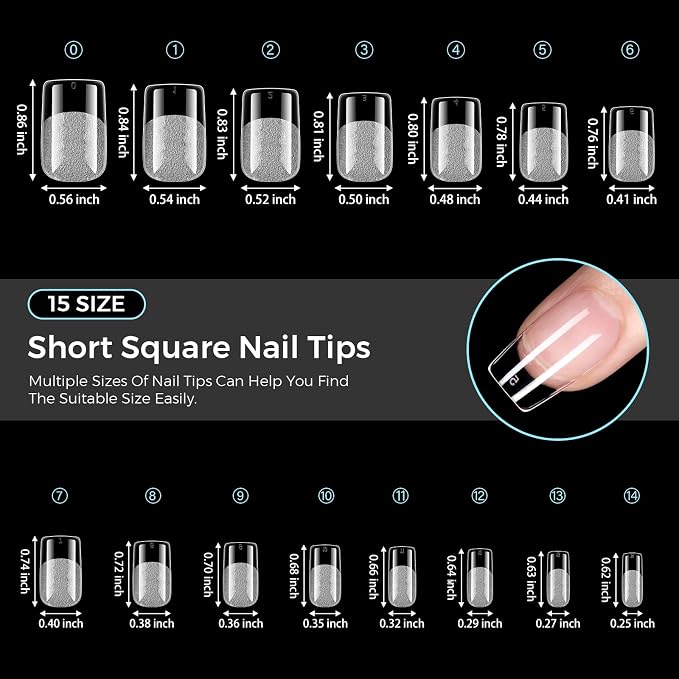 TOMICCA Short Square Nail Tips, 240PCS 15 Sizes Pre-Shaped Ultra Half Matte Clear Full Cover Gel Nail Extension Tips for DIY Salon Clear Acrylic Nail Tips for Beginners & Nail Techs
