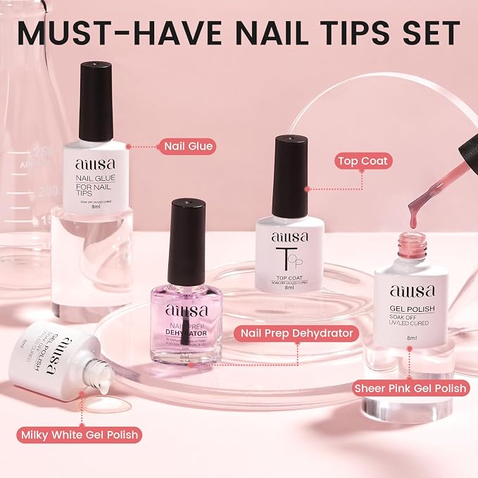 AILLSA Nail Extension Kit Short Almond Nail Tips 240pcs for Starters | 2 In 1 Nail Glue Base Coat and Nail Dehydrator, Nail Extension Kit with Nail Lamp Top Coat for Starters