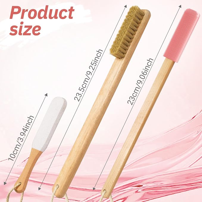 Long Handle Toe Gap Cleaning Brush+Body Shower Brush+Foot Grinder, Pink | Silicone Foot Scrubber for Shower, Feet Cleaner Scrub Foot Care for Seniors,Elderly, Men and Women