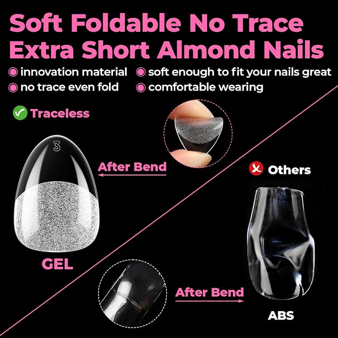 UNA GELLA Extra Short Almond Nail Tips, 15 Sizes Pre-Shaped Full Cover | 300Pcs Flexible Soft Gel Clear XS Almond Tips for DIY Press on Nails, for Daily Wear, Art Design & Salon Use
