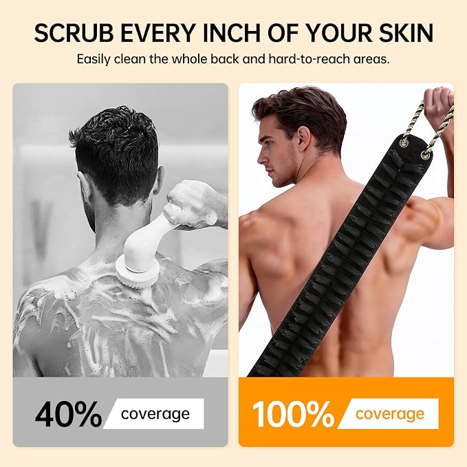 Shower Back Scrubber with Handles, 40 Inches Dual-Sided Back Washer, Dual-Sided Body Exfoliator for Men, Women and Elderly. Foaming on One Side, Exfoliating on the Other for Deep Cleansing.