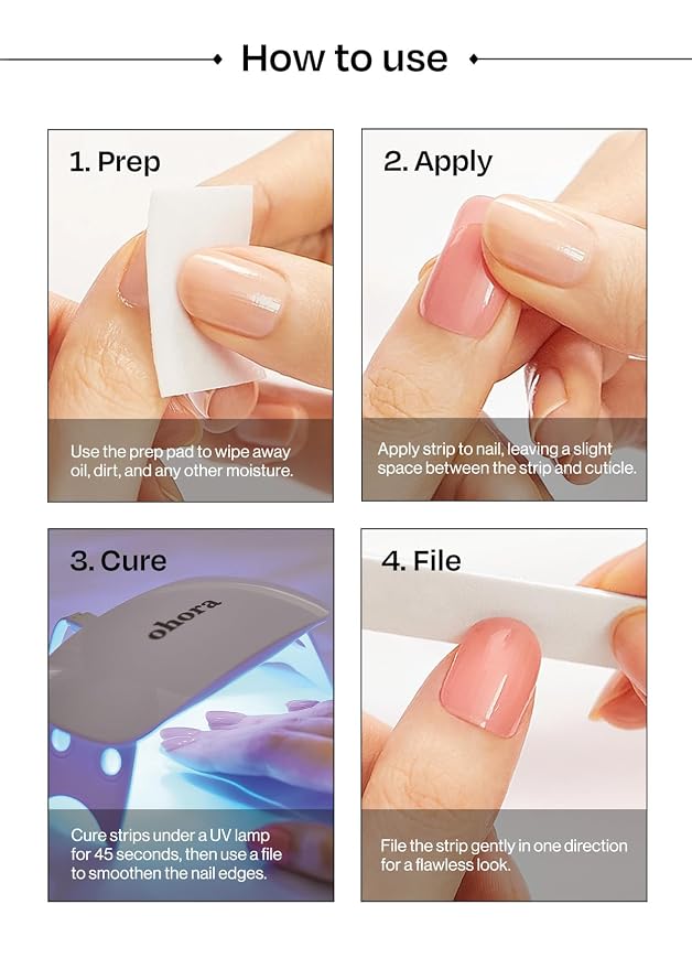 ohora Semi Cured Gel Nail Strips (N Bear Up) - Works with Any Lamps, Salon-Quality, Long Lasting, Easy to Apply & Remove - Includes 2 Prep Pads, Nail File & Wooden Stick