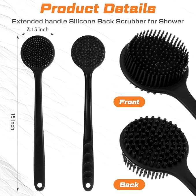 Sunnyray 4 Pack Scrubber Anti Slip for Shower, 15 Inch Soft Silicone Bath Body Brush Back Scrubber with Long Handle, Improved Skin Health Can Produce Foam for Men and Women, Black