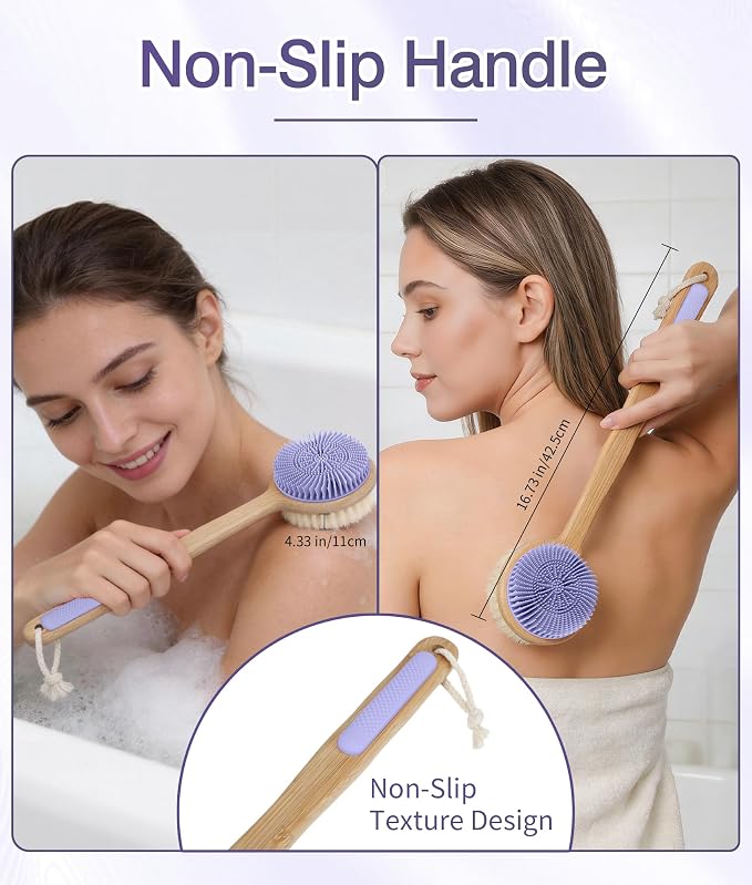 Back Scrubber for Shower - Double-Sided Silicone and Super-Dense Bristles for Deep Cleaning & Exfoliation, Bamboo Long Handle with Wider Anti-Slip Grip, Rich Foam, Durable (Purple)