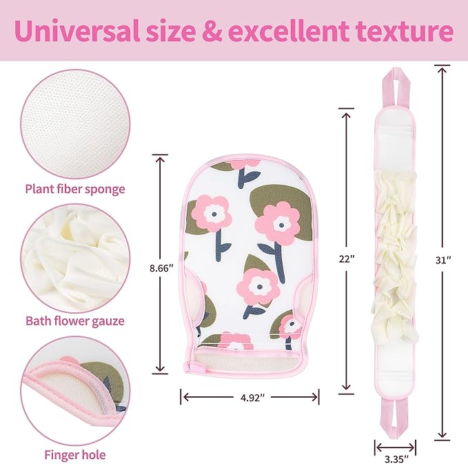 Deep Exfoliating Glove for Shower 2PCS: 1 Double-Sided Mitt, 1 Extra Long Exfoliating Washcloth - Extreme Body & Back Scrubber for Shower, Massage Scrub Exfoliator & Bath Loofah Sponge (Pink)