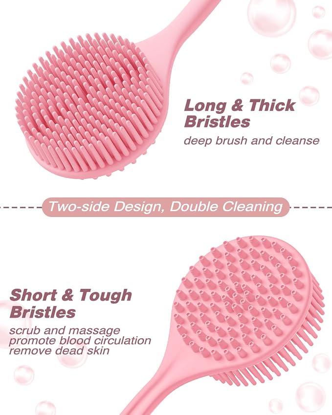 Manmihealth Silicone Body Scrubber & Face Brush Set Thick Bristles Pink | 3PCS Super-Exfoliating & Lathering Back Scrubber, Shower Brush, Face Scrubber Combination, with a Free Hook