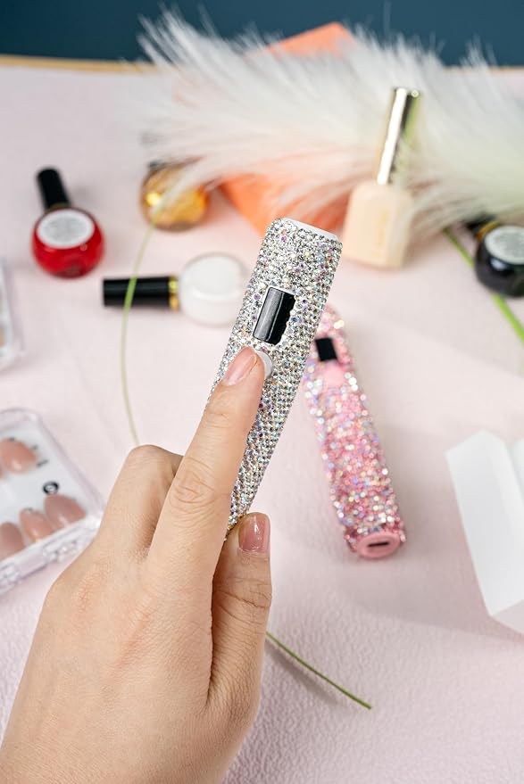 Handheld UV Nail Lamp with Sparkly Rhinestones Pink | 3W Portable LED Nail Lamp, Wireless Rechargeable USB Nail Dryer with Silicone Stamper, LCD Display, for Home DIY Manicures