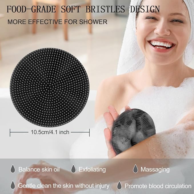 INNERNEED Food-Grade Soft Silicone Body Scrubber Shower Brush, Black+Gray | Handheld Cleansing Skin Brush, Gentle Exfoliating and Lather Well, Hygienic Bath Scrub for Women, Men
