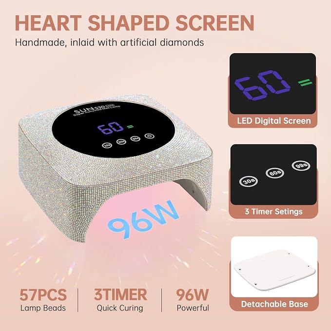 96W UV LED Nail Lamp Cordless Nail Dryer for Gel Polish | Rechargeable UV Light for Gel Nails Quick Dry Curing with Large LCD Display, with 3 Timer Setting Auto Sensor for Salon&Home