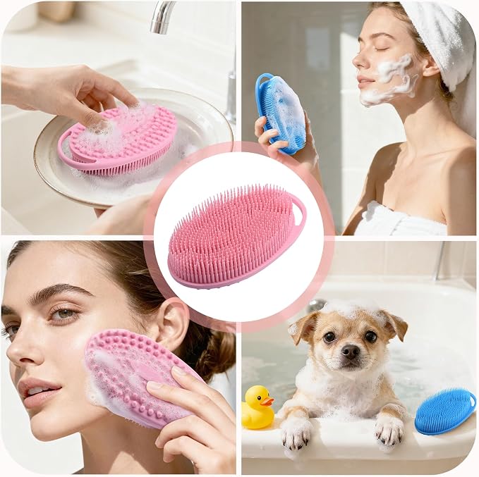 2 Pack Silicone Body Scrubber, Exfoliating Shower Scrubber for All Skin | 2 in 1 dual-sided design, soft bristles and massage bumps side, fast-drying, non-slip handle, for women and men, Blue+Pink