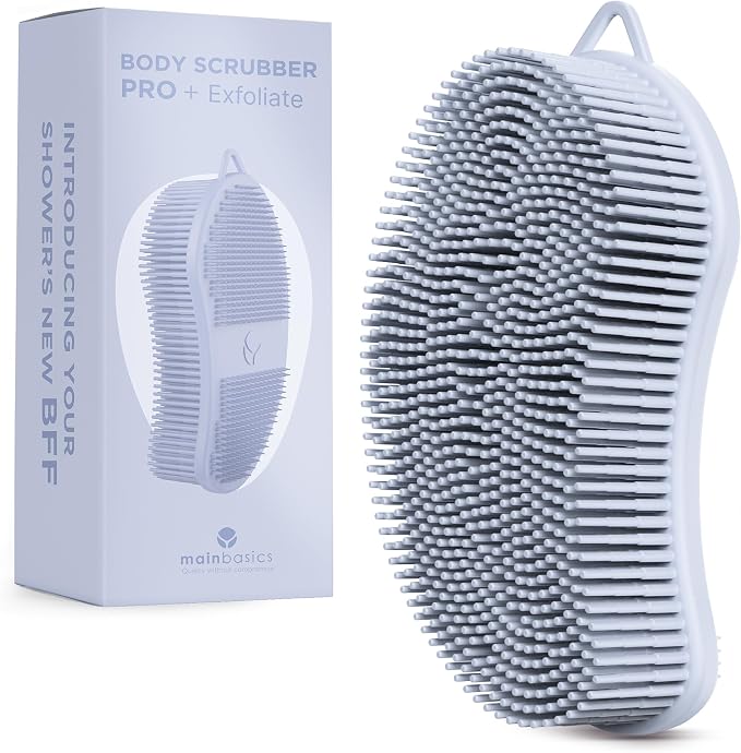 MainBasics Silicone Body Scrubber Dual-Sided, Frosted Sky, Exfoliate | Shower Exfoliator for Men & Women, Gentle Silicone Loofah Alternative for Deep Clean