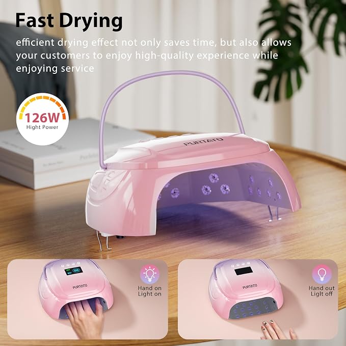 Purtato Cordless Rechargeable UV Nail Lamp, UV Light for Gel Nails with 4 Timer Settings, 126W Professional Fast Curing Nail Dryer for Gel Polish for Salon or Home (Purple&Pink)