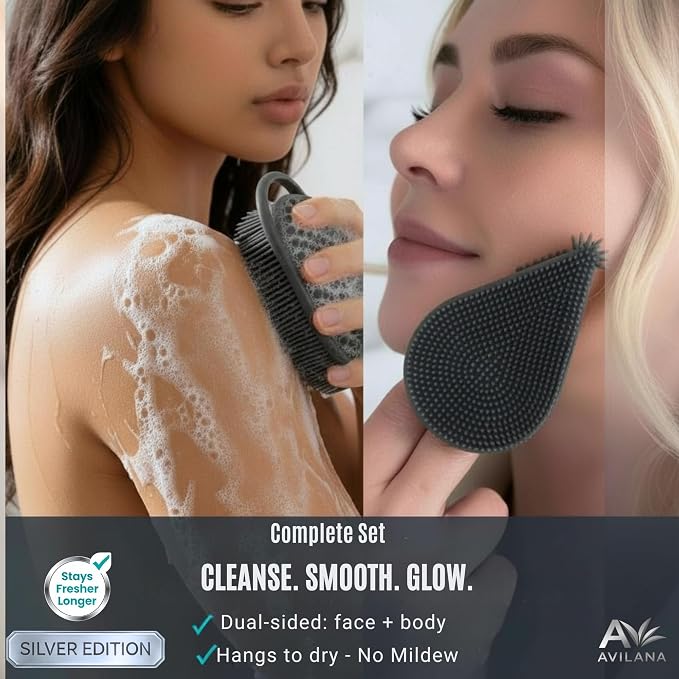 Avilana Silicone Body Scrubber for Shower – SGS Certified Food Grade Dual Sided Bath Brush, Gentle Exfoliating Silicone Loofah Alternative, Sensitive Skin Body Brush (Dark Gray-Silver, Body & Face)