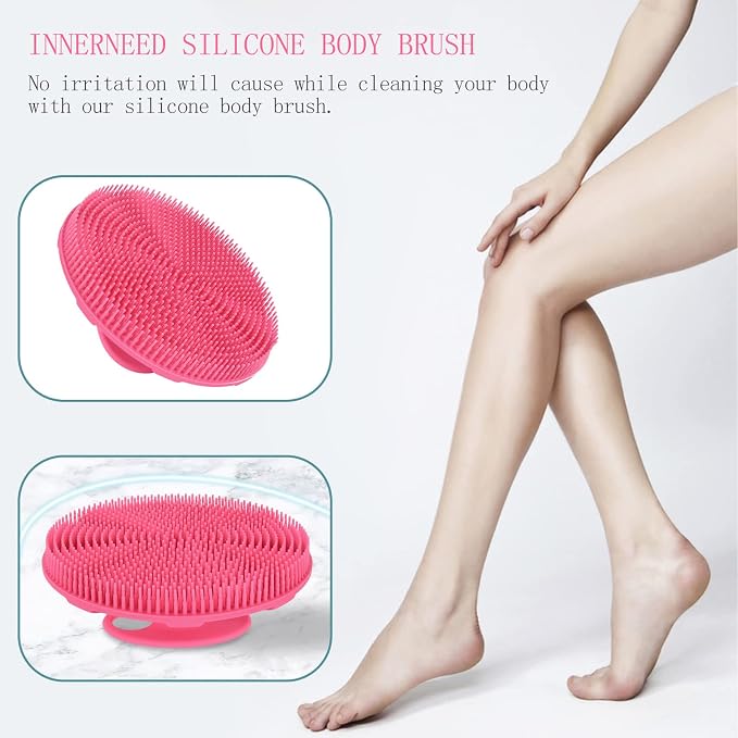 INNERNEED Food-Grade Soft Silicone Body Scrubber Shower Brush, Pink | Handheld Cleansing Skin Brush, Gentle Exfoliating and Lather Well, Hygienic Bath Scrub for Women, Men