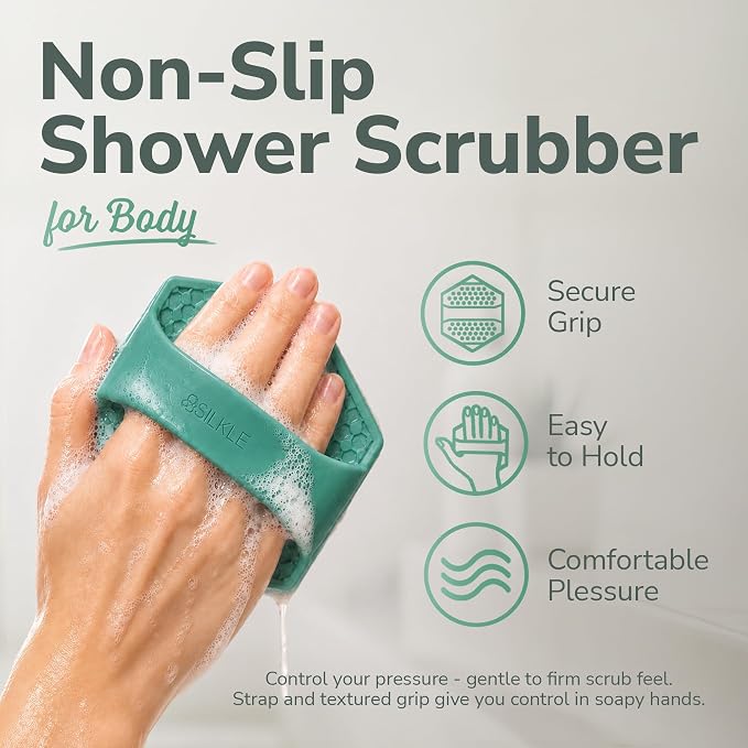 SILKLE Silicone Body Scrubber Exfoliator, Shower Scrubber & Silicone Loofah | Exfoliating Body Scrubber, Non-Slip Grip - Silicone Bath Brush & Shower Brush for Body, Quick-Rinse One-Piece Design - Green