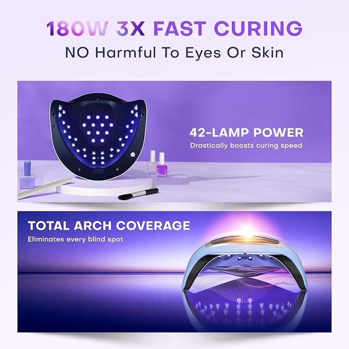 UV Nail Lamp, 180W LED Nail Dryer for Gel Polish, Touch Screen, 42 Beads | Auto Sensor Curing Light with LCD Display and 4 Timer Settings, Fast, Even Curing for Salon Use and Home DIY Manicure