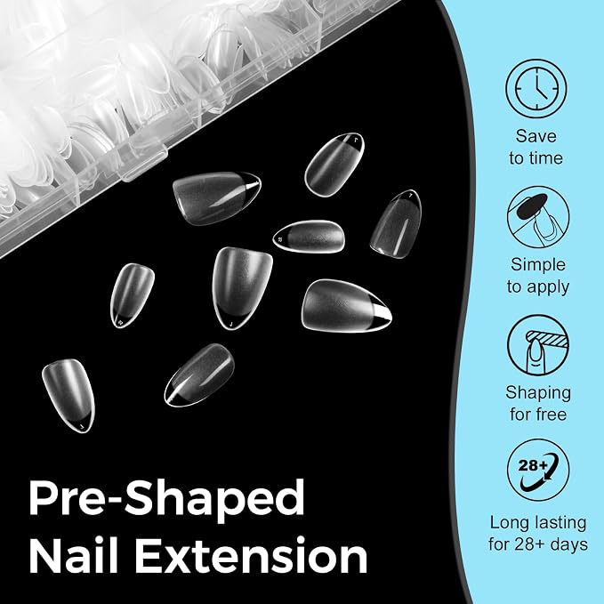 TOMICCA Short Almond Nail Tips, Pre-Shaped Half Matte Clear Full Cover Nail Extension Tips, 240PCS 15 Sizes, Gel Nail Tips for Acrylic/Gel Extensions, Natural Look
