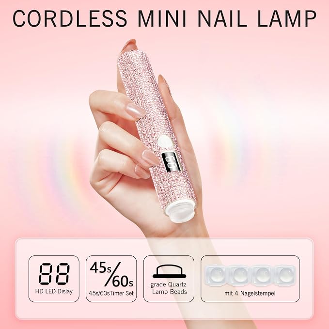 Handheld UV Light for Gel Nails, Glitter UV Nail Lamp, Cordless Portable Mini Gel Nail Lamp for Fast Curing, Rechargeable LCD Polish Nail Dryer for DIY Manicure Decor - Pink Diamond