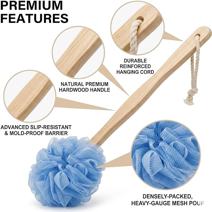 Loofah Back Scrubber for Shower, Wooden Long Handle Bath Sponge Lufa Shower Brush, Soft Nylon Mesh Back Cleaner Washer, Women & Men Exfoliating Luffa Pouf on a Stick for Body (Blue)