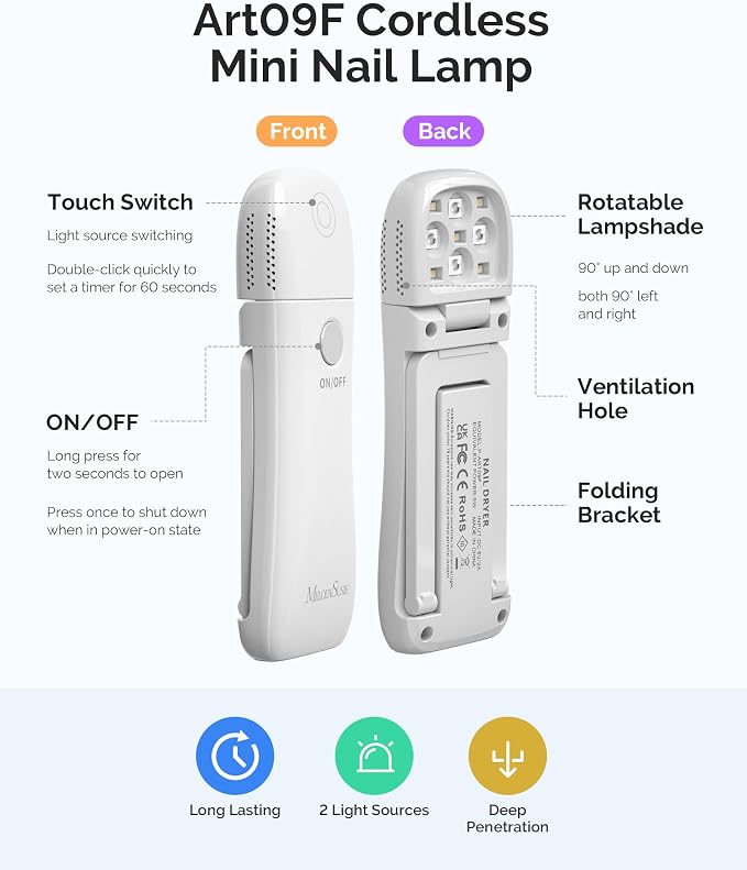 MelodySusie 2in1 Mini Cordless UV Nail Lamp P-ART09F for Manicure Beginners | Hands-Free Fold-out Stand,Lighting & Curing 2 Mode,30s/60s Timer, Use for Home Nail Art Design, 1000mAh Battery