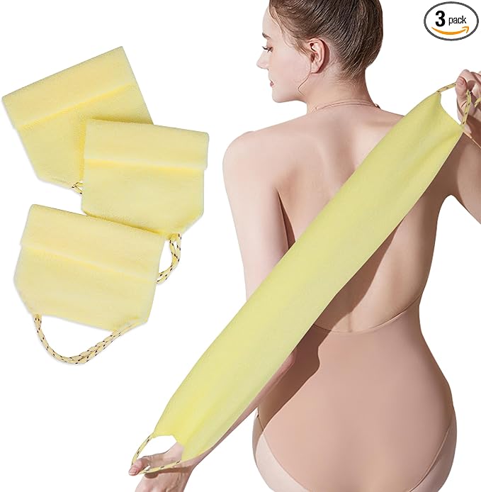 Silkyhose 3Pcs Dual-Sided Exfoliating Stretch Back Scrubber with Handles. | Reusable Shower Essential. Deep Skin Cleansing. Textured Design. Soft, Gentle & Durable.Beige.