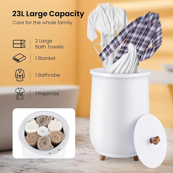 S AFSTAR 23L Towel Warmers for Bathroom - Large Luxury Towel Warmer Bucket with 3 Heat Modes, 4 Timer Settings, Fragrance Disc Holder, Auto Shut Off, Towel Heater for Blankets, Bathrobes (White)