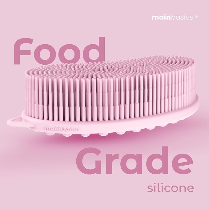 MainBasics Silicone Body Scrubber Dual-Sided, Pink, Massage | Shower Scrubber with Massage Nodes, Silicone Loofah Alternative for Deep Clean