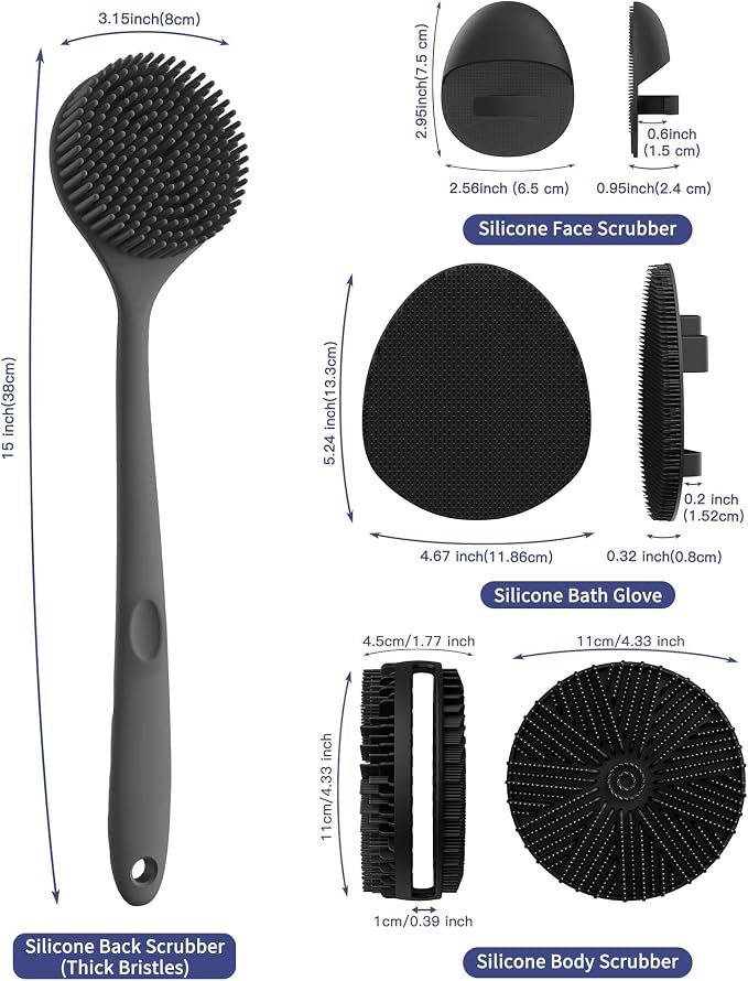 Manmihealth Silicone Body Scrubber & Scalp Massager 5PCS Set Style 1 Black | Super-Exfoliating Back Scrubber Shower Brush & Shampoo Brush Combination, with 2 Free Hooks