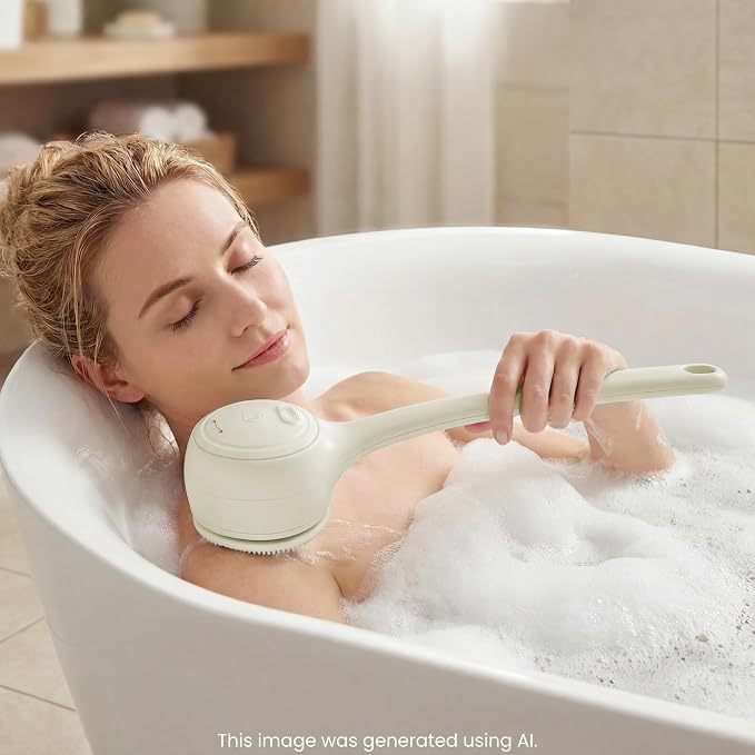 Electric Back Scrubber, Automatic Rotating Exfoliating Massage Bath Brush, Rechargeable, 2 Speed Settings for Cleansing, Exfoliating, and Massaging Skin. (Khaki)