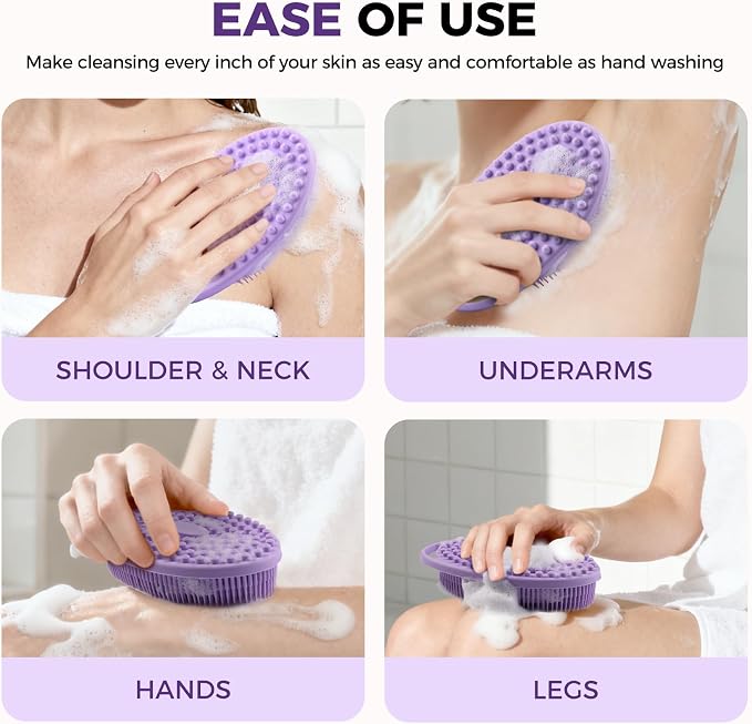 2 Pack Silicone Body Scrubber, Exfoliating Shower Scrubber for All Skin | 2 in 1 dual-sided design, soft bristles and massage bumps side, fast-drying, non-slip handle, for women and men, Black+Purple
