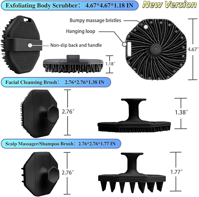 3 Soft Silicone Scrubbers - Body Exfoliating Brush Skin Massage Shower Scrubber Body Buffer, with Super Soft Handheld Facial Cleansing Brush, with Hair Shampoo Brush Scalp Massager (Black)