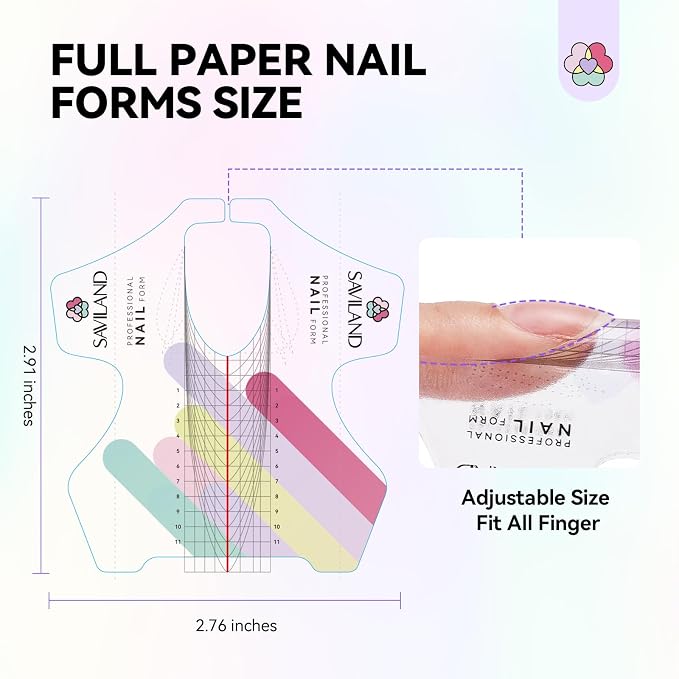 SAVILAND Reusable Long-length Nail Forms, 100 Pcs | Super adhesive paper extensions, precise length guide,perfect DIY manicure tools for professional salon