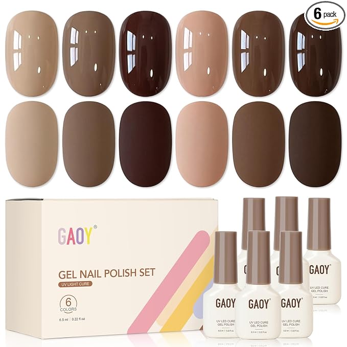 GAOY Dark Brown Gel Nail Polish Set, 6 Fall Colors Nude Chocolate UV Gel | UV Lamp Required, Pigmented, Long Lasting, Easy to Apply, Salon Manicure at Home, Gift for Women