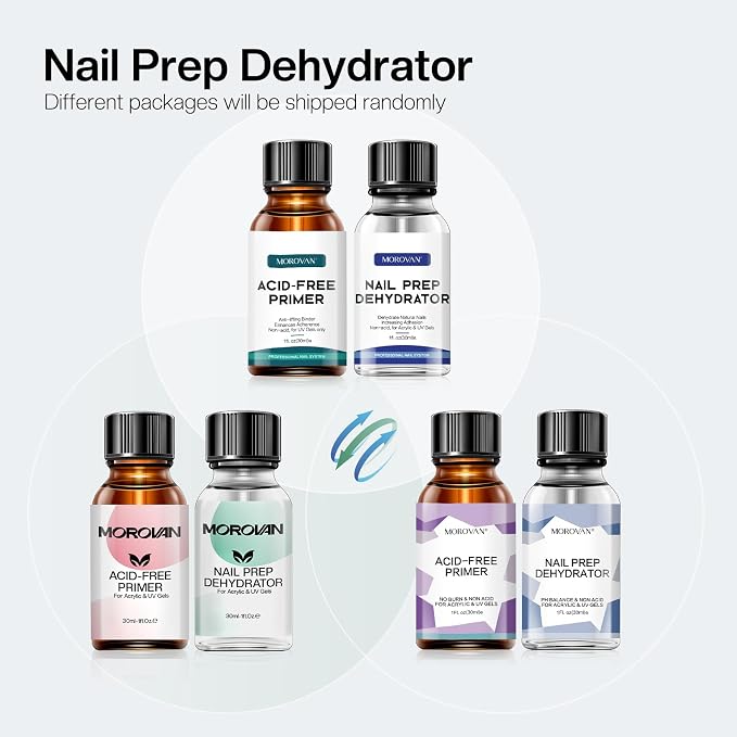 Morovan Nail Primer And Natural Nail Prep Dehydrate Set, Fast Air Dry For Gel Polish & Acrylic Powder, Gel Primer and Dehydrator 30ml / 1oz