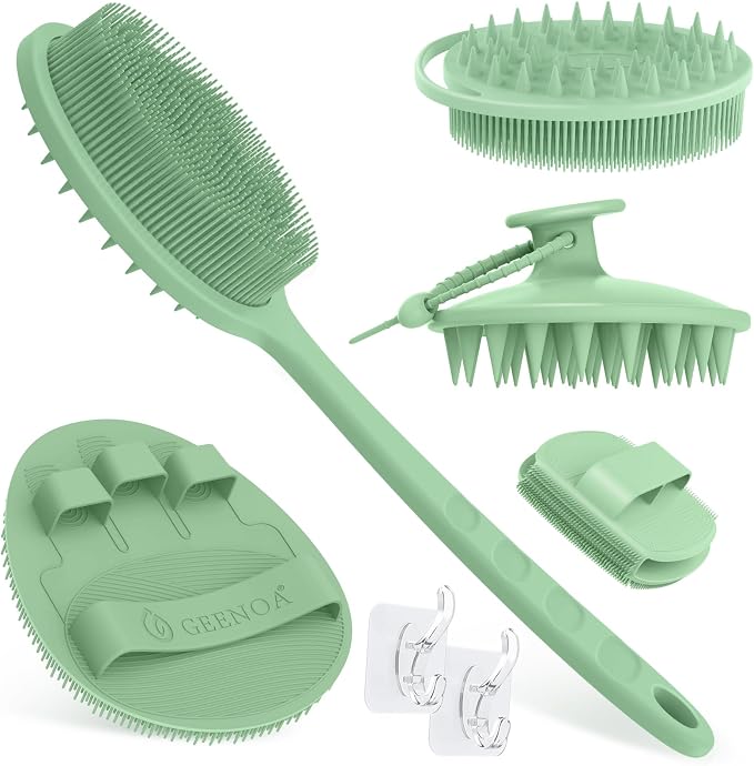 Silicone Back/Body/Face Scrubber & Scalp Massager Set 5PCS, 13.4'' Soft Back Scrubber, 360° Anti-Slip Bath Glove, Unique Side-bristled Face Scrubber, Shampoo Brush for All-round Cleaning(Green)