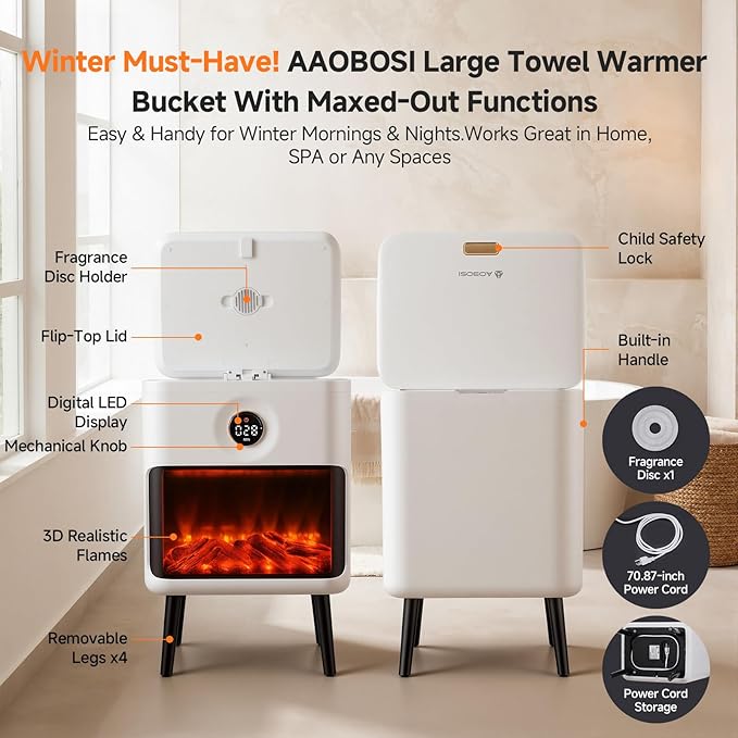 AAOBOSI Towel Warmers for Bathroom, 22L Large Heated Towel Warmer Bucket for Clothes, Robe, Dynamic Flame Effect, 30-120 Min Timer, Child Safety Lock, Gifts for Wife, mom