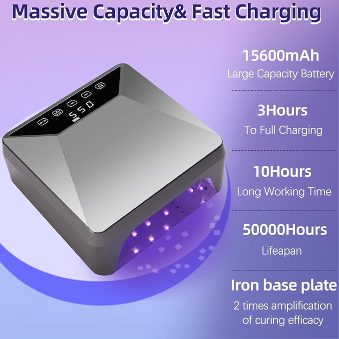 Rechargeable 78W UV LED Nail Lamp for Gel Nails, Cordless Nail Dryer with Hidden Telescopic Stand for Hands & Feet,15600mAh Battery,30/60/99/180s Custom Timer,Mirror Base,Lock Screen for Salon Home