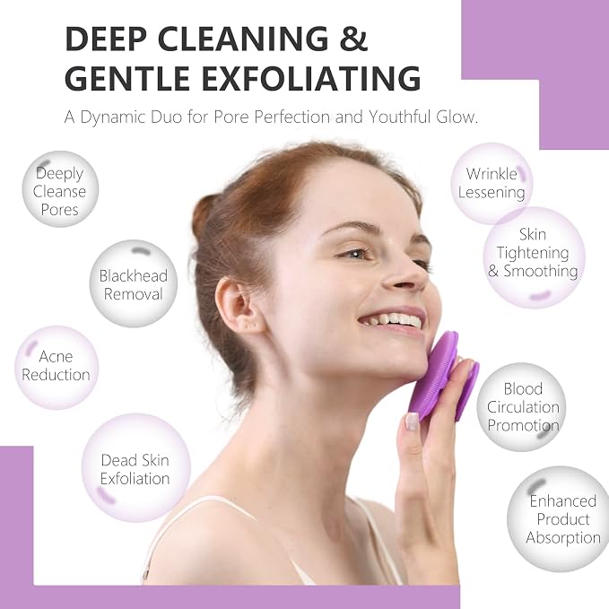 Silicone Face Scrubber 2 Pack, BEAUTAIL Manual Facial Cleansing Brush | Gentle Face Exfoliator for Sensitive Skin, Skin Care Exfoliating Face Scrubber for Men and Women, Black+Purple