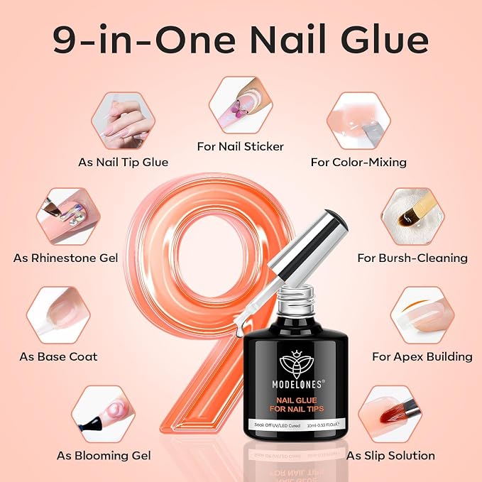 modelones X Nail Gel Kit Medium Square, 9-in-One Nail Glue UV Light | 216Pcs 12Sizes Pre-Etched Press ons Fake Acrylic Extension Kit DIY Salon Gift