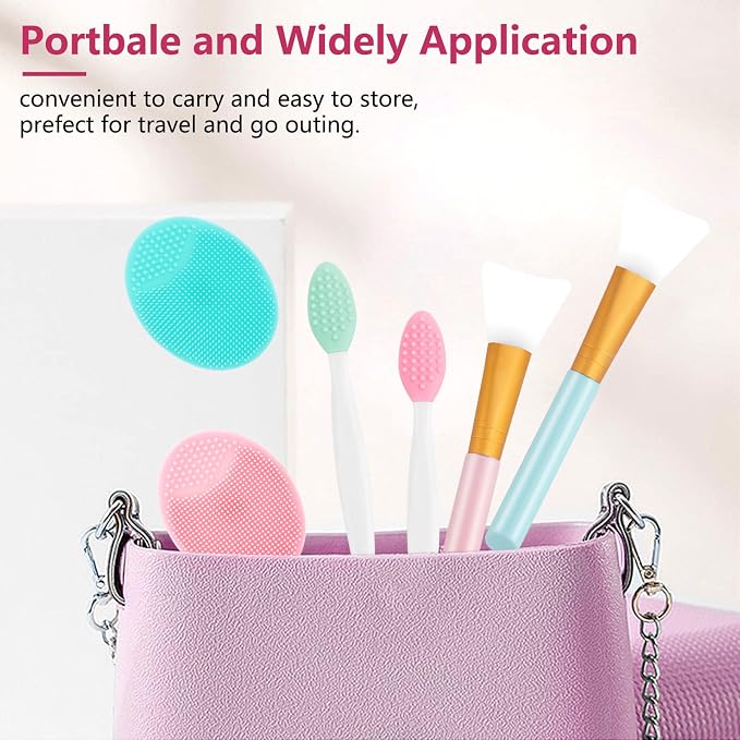 Yokilly Silicone Face Scrubber Kit: Exfoliator Blackhead Skin Care Tool | 6 Pcs Kit With 2 Face Cleansing Brush & 2 Lip Brush and 2 Facial Mask Brush - Ultra-soft Silicone Deep-Cleans Pores