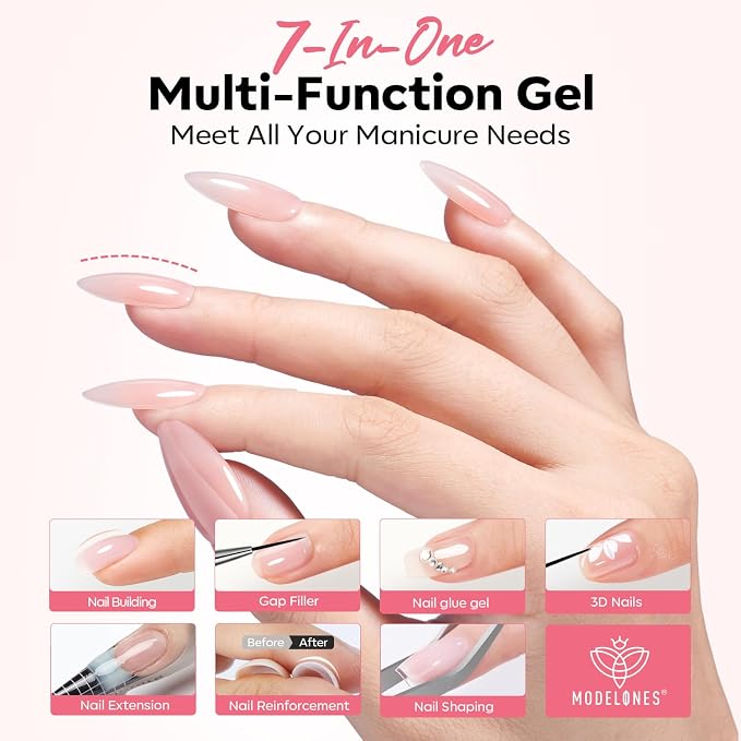 modelones Builder Nail Gel, Clear Builder with Detachable Liner Nail Brush | 7-in-One Strengthener Color Rubber Base Coat Nail Polish for Apex Building Extension Thickening 10ml, LED Lamp Cured