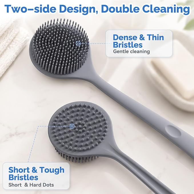 Manmihealth Silicone Back Scrubber & Soft Shower Brushes Set 2PCS Gray | Silicone Body Scrubber with Thin Dense Bristles & Bath Glove Brush Combination, Super Lathering & Exfoliating