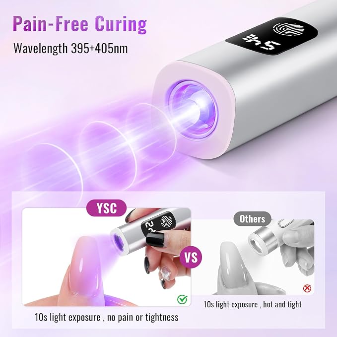 YSC Handheld UV Light for Nails, Cordless Flash Cure Lamp LCD Dual Timers | Portable mini uv nail lamp to flash cure soft gels, LCD dual timers, aluminum shell, 60 mins runtime, home & salon manicure