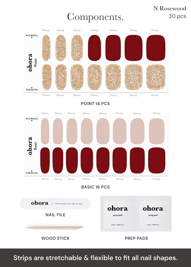ohora Semi Cured Gel Nail Strips (N Rosewood) - Red, Solid, Works with Any UV/LED Lamps, Salon-Quality, Long Lasting, Easy to Apply & Remove - Includes 2 Prep Pads, Nail File & Wooden Stick