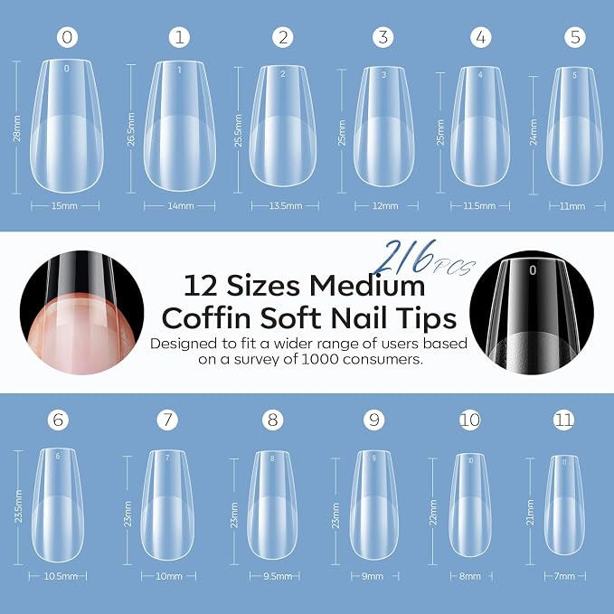 Modelones Medium Coffin Nail Tips Pre-shaped Soft Gel Fake Nails False Full | Fake Nails False Acrylic Clear Full Cover Press on Extension Kit Gel Manicure DIY at Home 216PCS 12Sizes