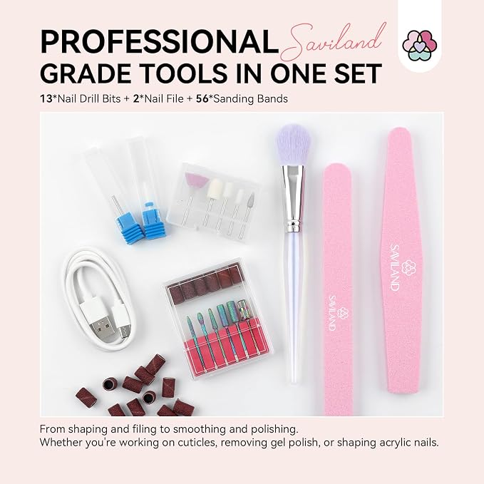 SAVILAND Professional Nail Drill : 40000RPM Rechargeable Pink Nail Drill Kit Electric Filer with 6000mAh Battery for Shaping, Removing & Polishing Acrylic Nails Home Salon Manicure Pedicure Ideal Gift