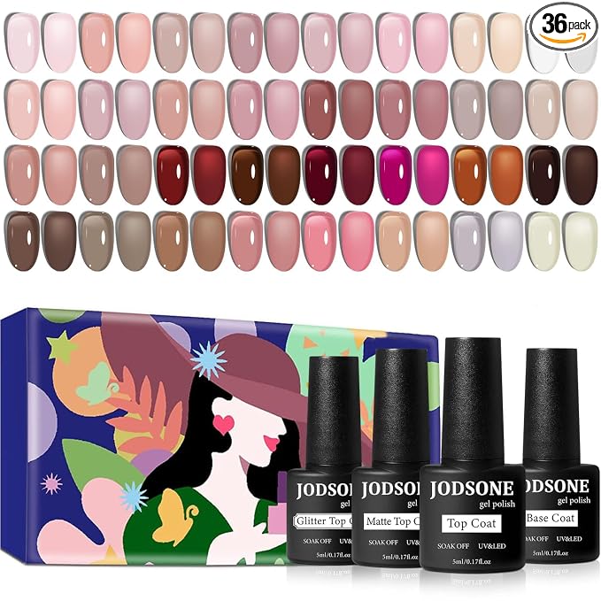 JODSONE Jelly Gel Nail Polish Set, 32 Colors Sheer Pink Gel Polish Set with Base & Top Matte Glitter Coat for Nail Art DIY Salon at Home