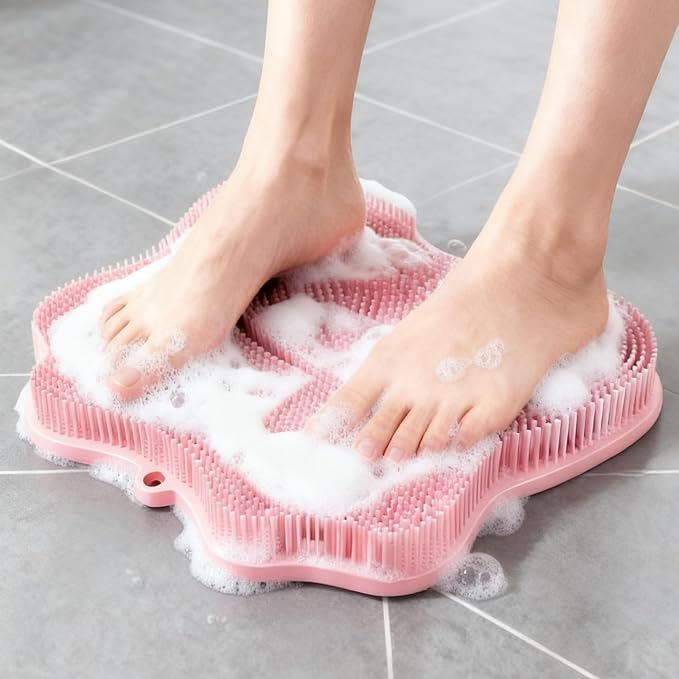 Shower Foot Scrubber Mat,Shower Foot and Back Scrubber with Wall Mount Suction Cups,Foot Scrubber for Use in Shower for Improve Skin Exfoliation(Pink)